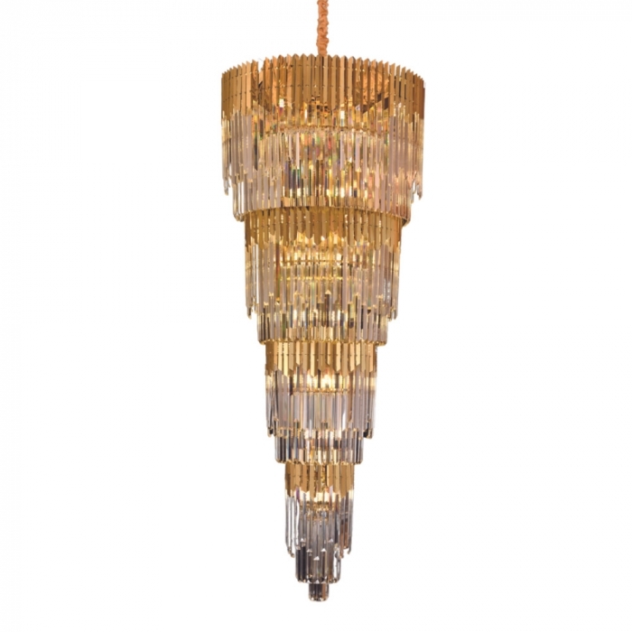 Lustre Sindora Metal Inox Dourado e Cristal Transparente 42L E14 Ø750x2000mm DCD03909