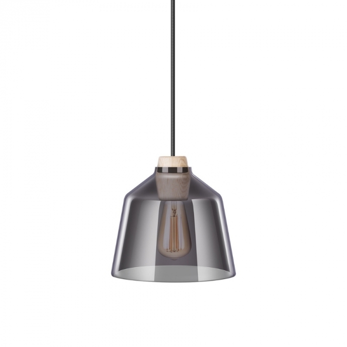 Pendente Flavo Vetri Metal Preto Texturizado Vidro Fumê e Madeira Escura 1L E27 Ø230X200mm FP1110FM