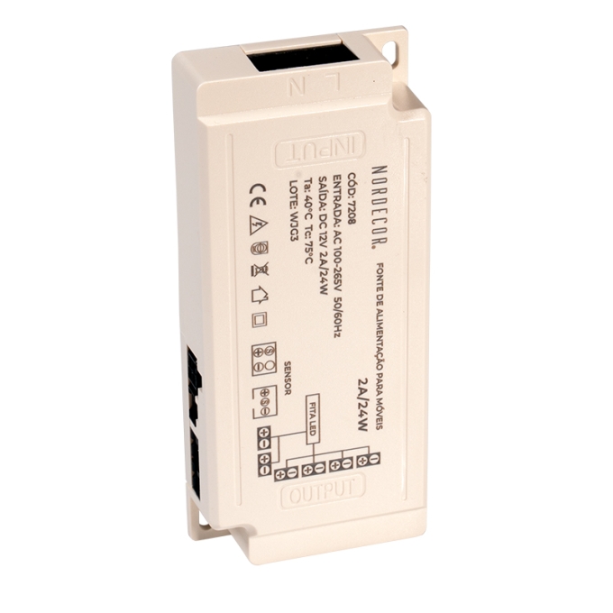Fonte 12V Nordecor para Móveis 2A 24 watts Bivolt IP20 119x53x20mm 7208