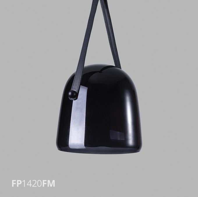 Pendente Flavo Pelle Metal Preto Fosco Couro e Vidro Fumê e Leitoso 16 watts 3000K Ø390X390mm FP1420FM