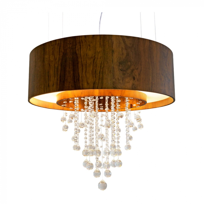 Pendente Union Iluminação Cilíndrico Duplo com Cristais Madeira 8L E27 + 4 Spot de Led 800x700mm 213