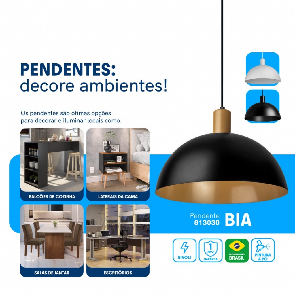 Pendente Blumenau Bia Alumínio Preto e Dourado 1L E27 Ø300mm 813030-08