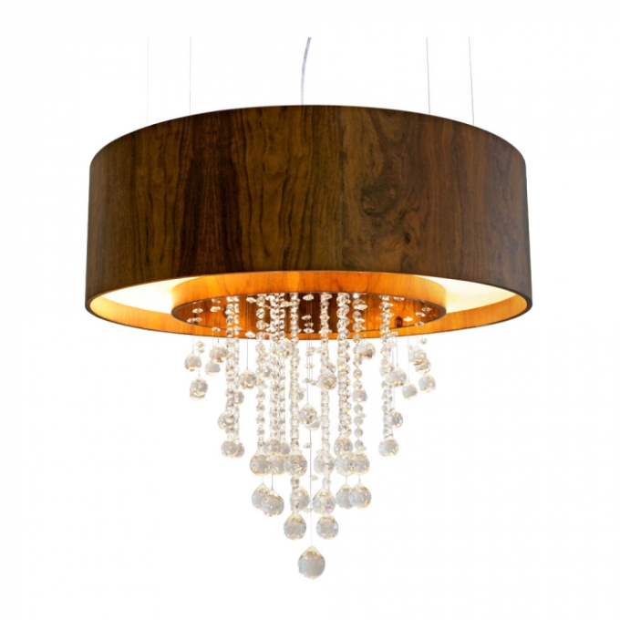 Pendente Union Iluminação Cilíndrico Duplo com Cristais Madeira 8L E27 + 4 Spot de Led 800x700mm 213