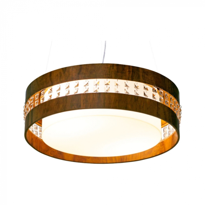 Pendente Union Iluminação Circular Horizontal Cristais e Madeira 3L E27 Ø500x150mm 238