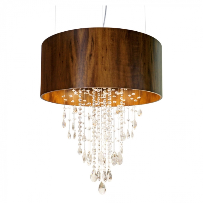 Pendente Union Iluminação Cilíndrico c/ Cristais e Madeira 4 Spots de Led Ø600x700mm 296