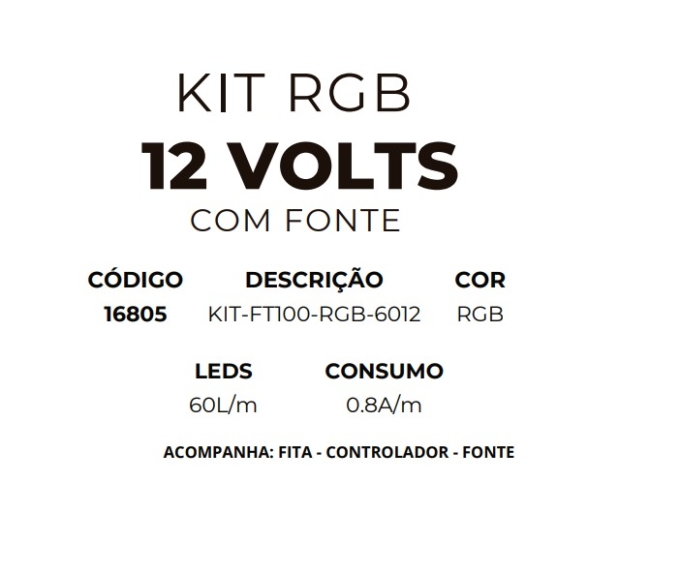 Kit RGB MK Iluminação 12V 9,6 watts/mt 60 leds IP20 com Fonte (Rolo 5 metros) 16805