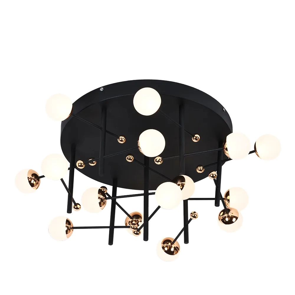 Plafon Bella Fuxico Metal Preto Dourado e Branco 45 watts 3000K Ø580x300mm JU005