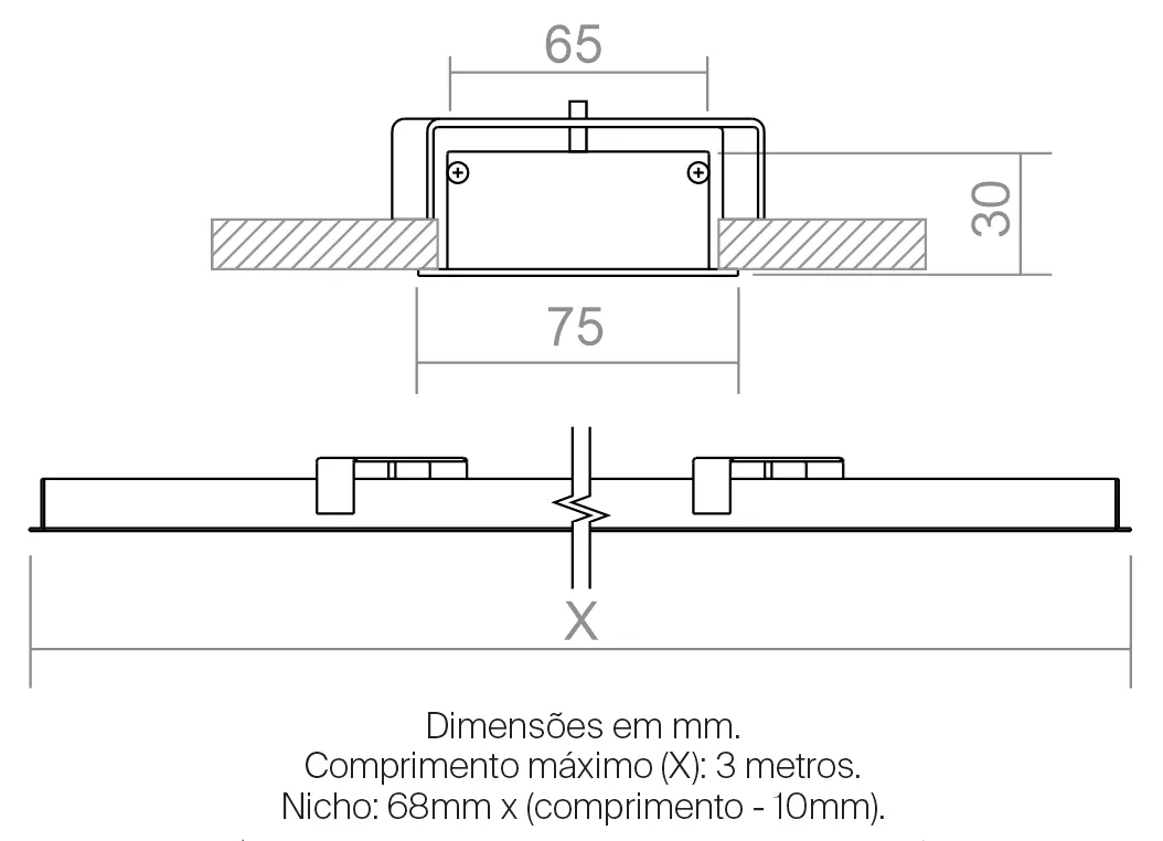 Perfil Powerlume Embutido Alumínio e ABS 75x30mm Barra de 2 metros EMB80