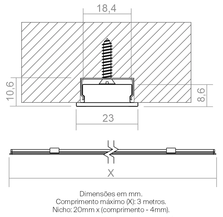 Perfil Powerlume Embutido Baixo Alumínio e ABS 23x8,6mm Barra de 2 metros EMB-B25