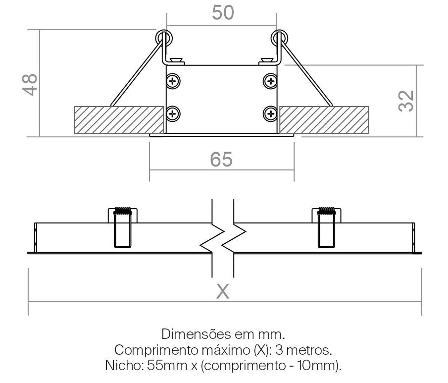 Perfil Powerlume Embutido Alumínio e ABS 65x32mm Barra de 2 metros EMB60
