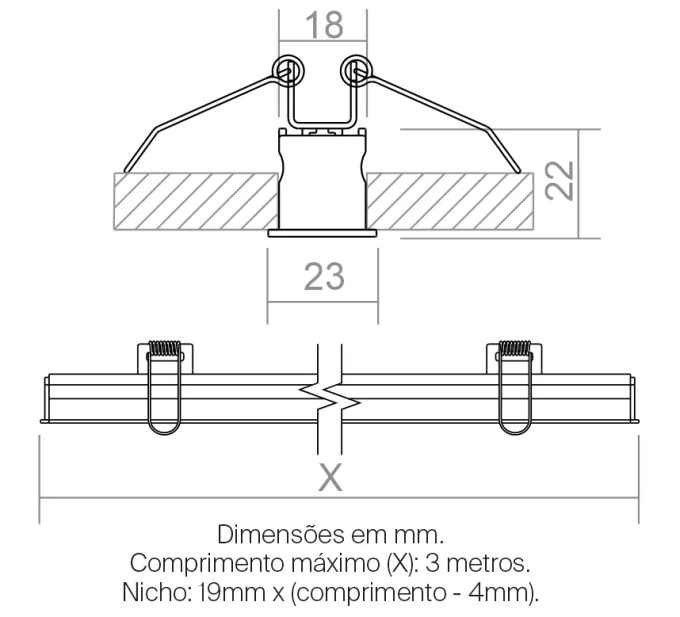 Perfil Powerlume Embutido Alumínio e ABS Difusor Recuado 23x22mm Barra de 2 metros EMB-R25