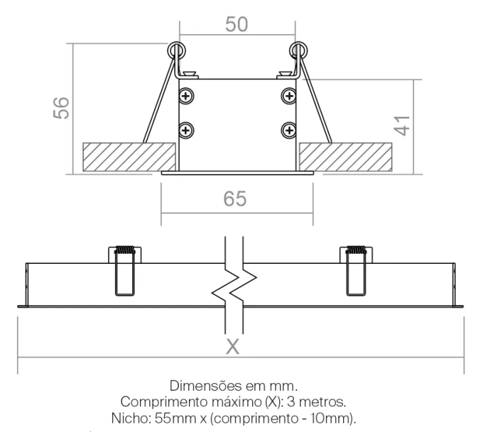 Perfil Powerlume Embutido Alumínio e ABS Difusor Recuado 65x41mm Barra de 2 metros EMB-R60