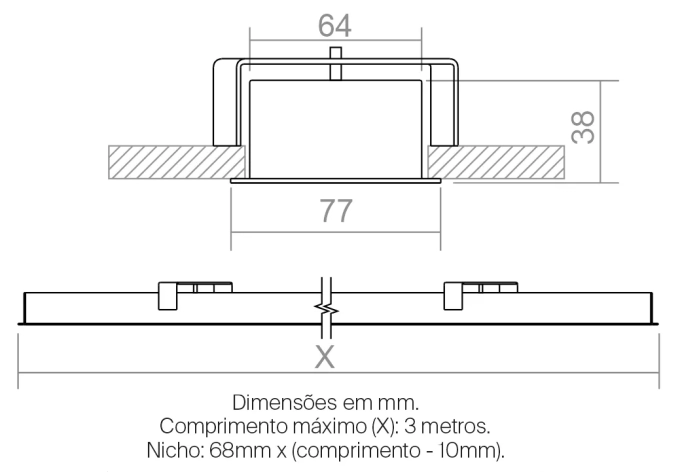 Perfil Powerlume Embutido Alumínio e ABS Difusor Recuado 77x38mm Barra de 2 metros EMB-R80
