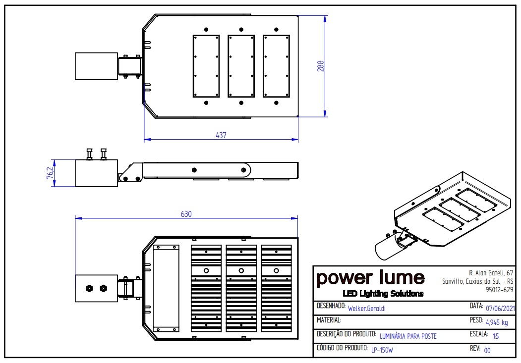 Luminária Pública Modular Powerlume 150 watts IP66 Alumínio e Policarbonato 633x288x45mm LP150W