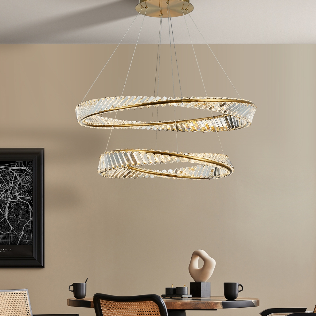 Pendente +Luz Vougue Cristal e Metal Dourado 110 watts 3000K Ø600x800mm PE-166/110.80DO