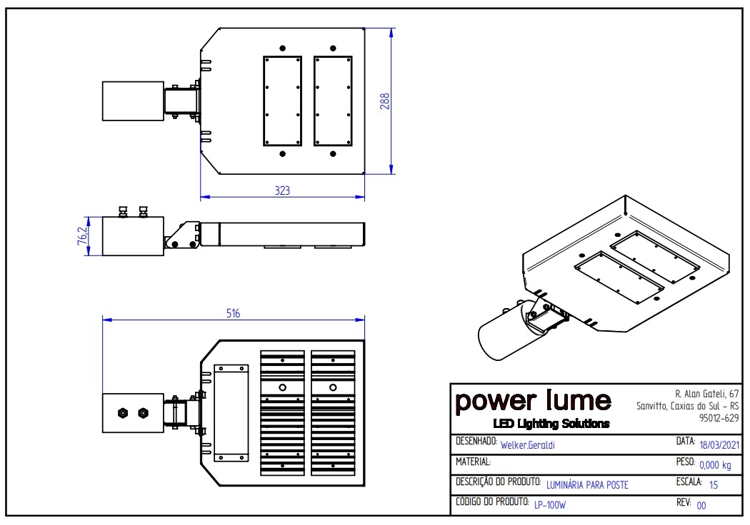 Luminária Pública Modular Powerlume 100 watts IP66 Alumínio e Policarbonato 515x288x45mm LP100W