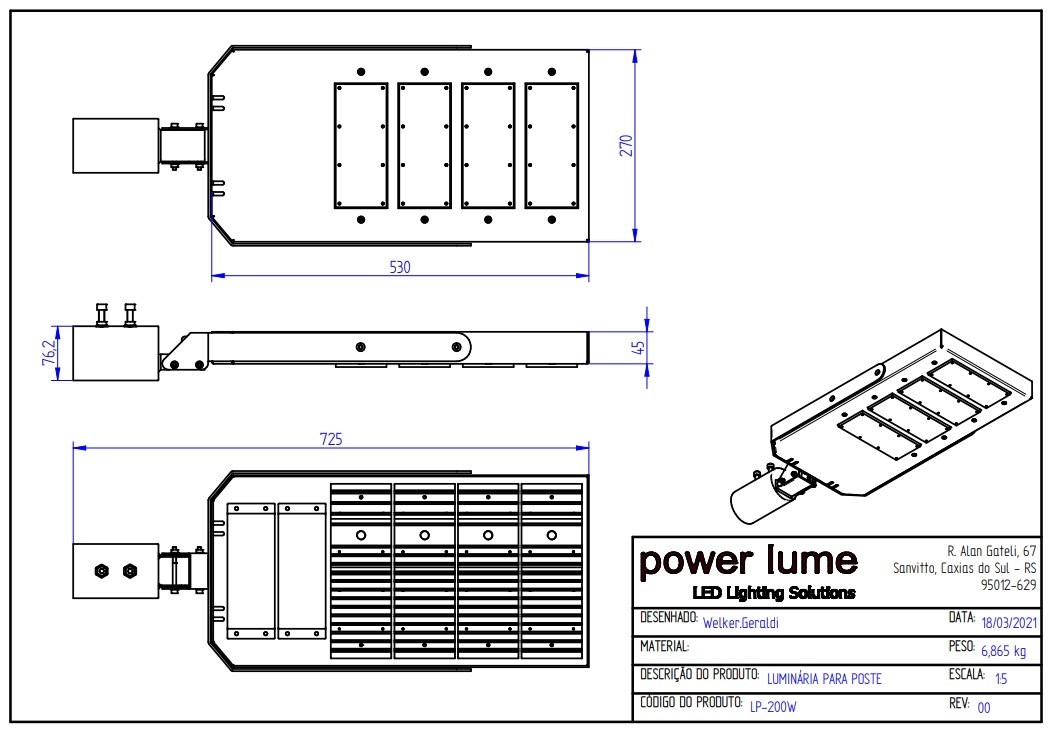 Luminária Pública Modular Powerlume 200 watts IP66 Alumínio e Policarbonato 725x288x45mm LP200W