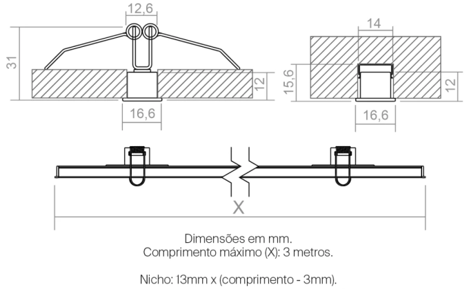 Perfil Powerlume Embutido Alumínio e ABS 16,6x12mm Barra 2 metros EMB16