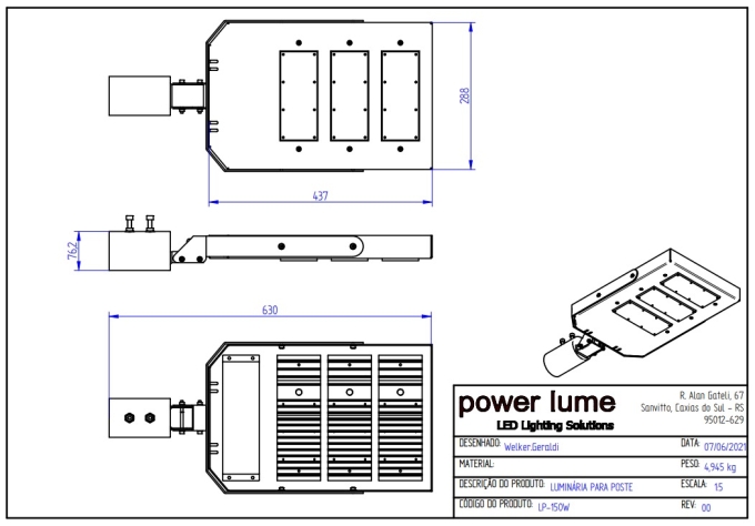 Luminária Pública Modular Powerlume 150 watts IP66 Alumínio e Policarbonato 633x288x45mm LP150W