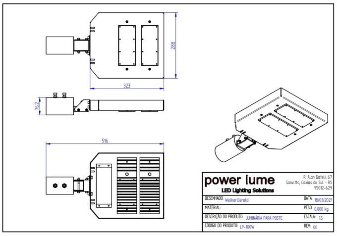 Luminária Pública Modular Powerlume 100 watts IP66 Alumínio e Policarbonato 515x288x45mm LP100W