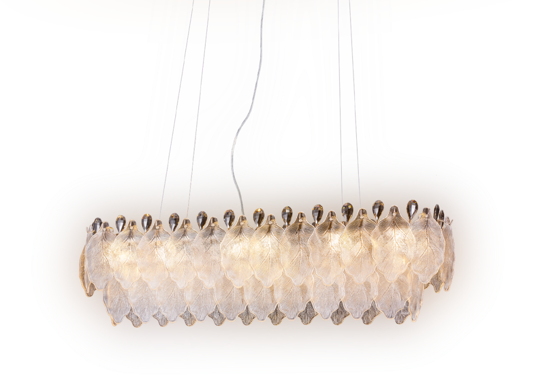 Pendente +Luz Foglia Metal Cristal e Vidro 12L E14 Dourado 1200x300x340mm PE-208/12.120DO