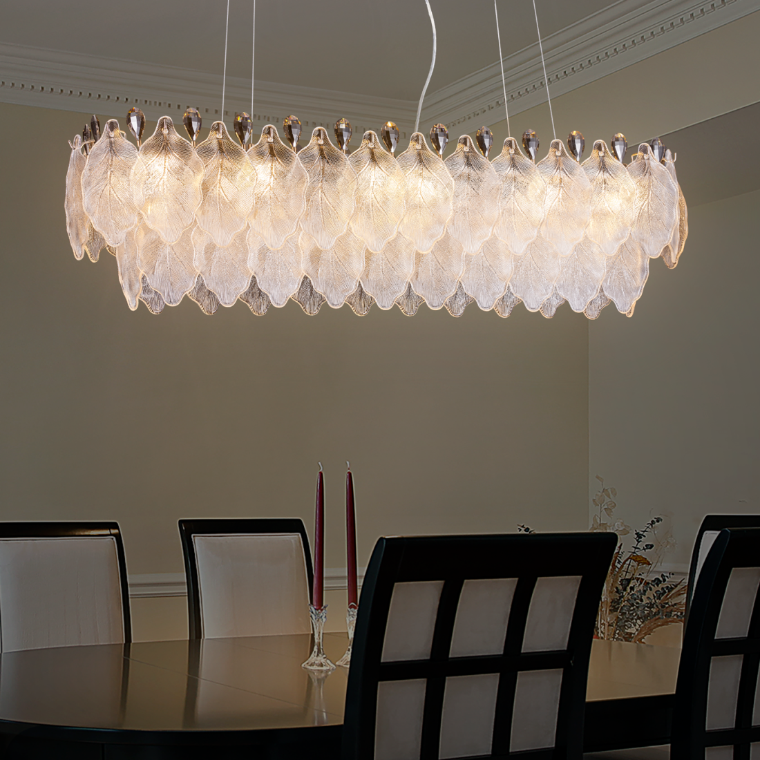 Pendente +Luz Foglia Metal Cristal e Vidro 12L E14 Dourado 1200x300x340mm PE-208/12.120DO