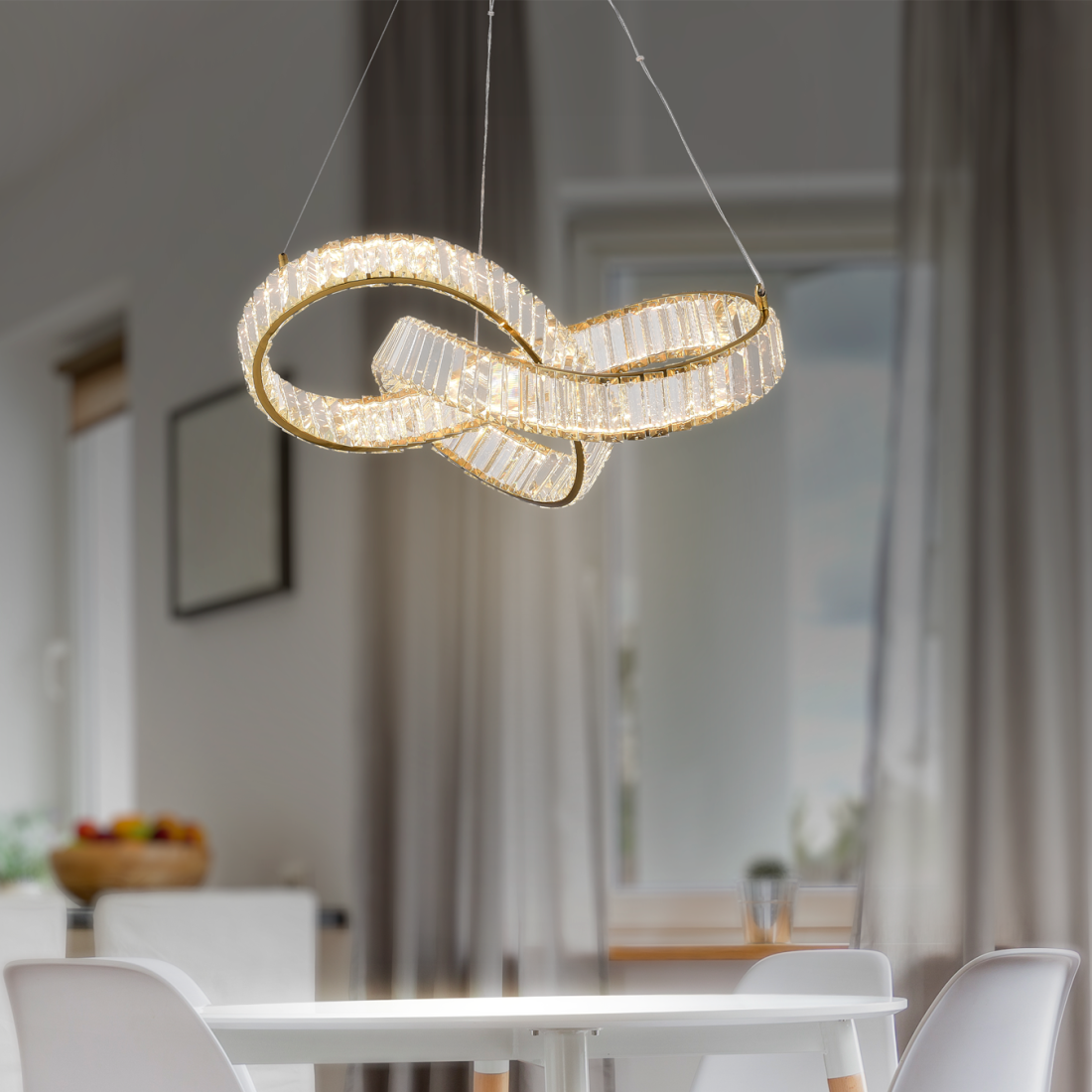 Pendente +Luz Node Cristal e Metal Dourado 30 watts 3000K 600x290mm PE-199/30.60DO
