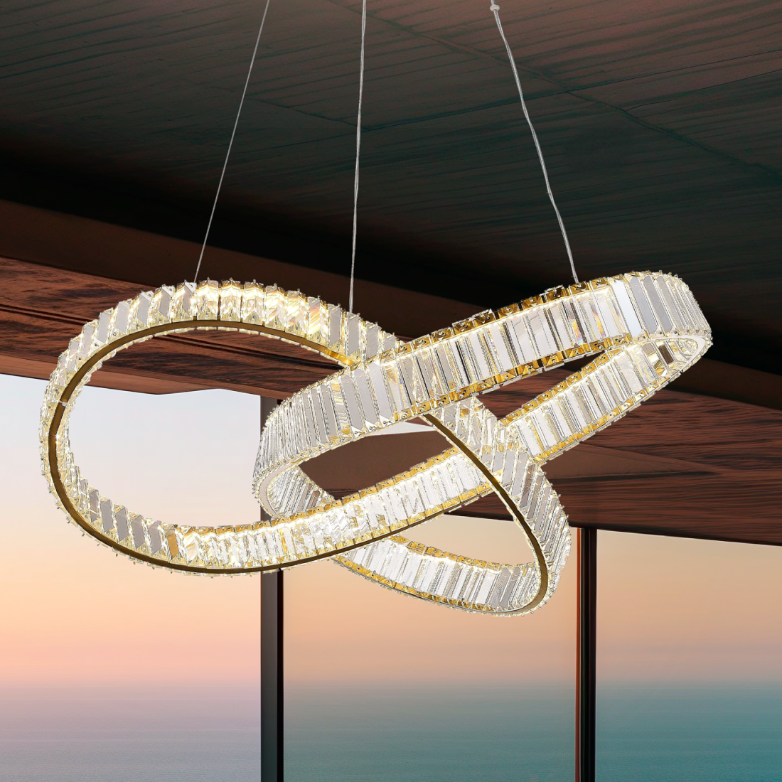 Pendente +Luz Node Cristal e Metal Dourado 40 watts 3000K 800x320mm PE-199/40.80DO