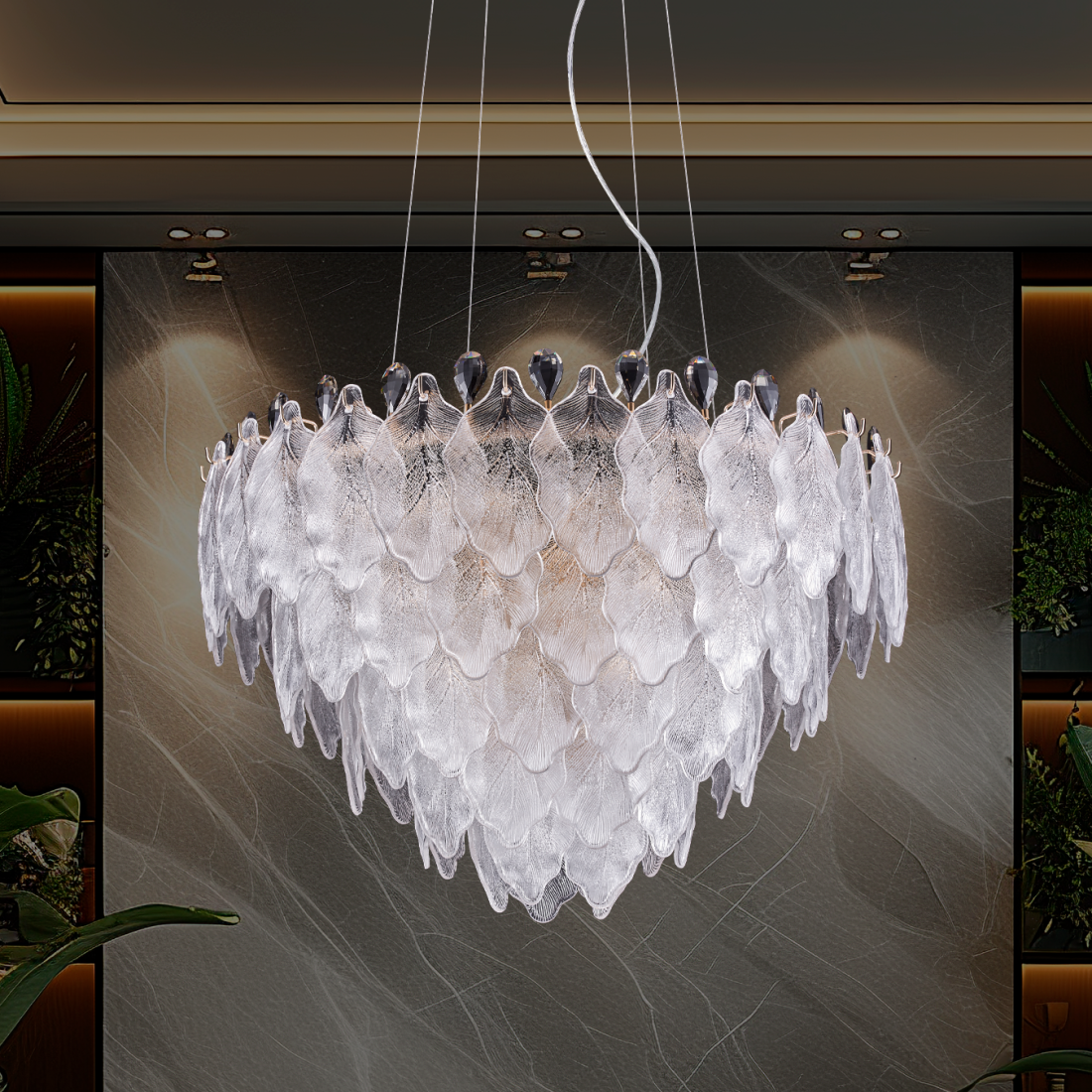Pendente +Luz Foglia Metal Cristal e Vidro 15L E14 Dourado Ø800x550mm PE-207/15.80DO