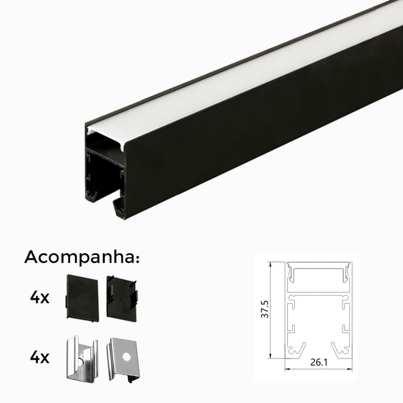 Perfil de Sobrepor Nordecor 37x26mm Barra de 2 metros Preto 4291