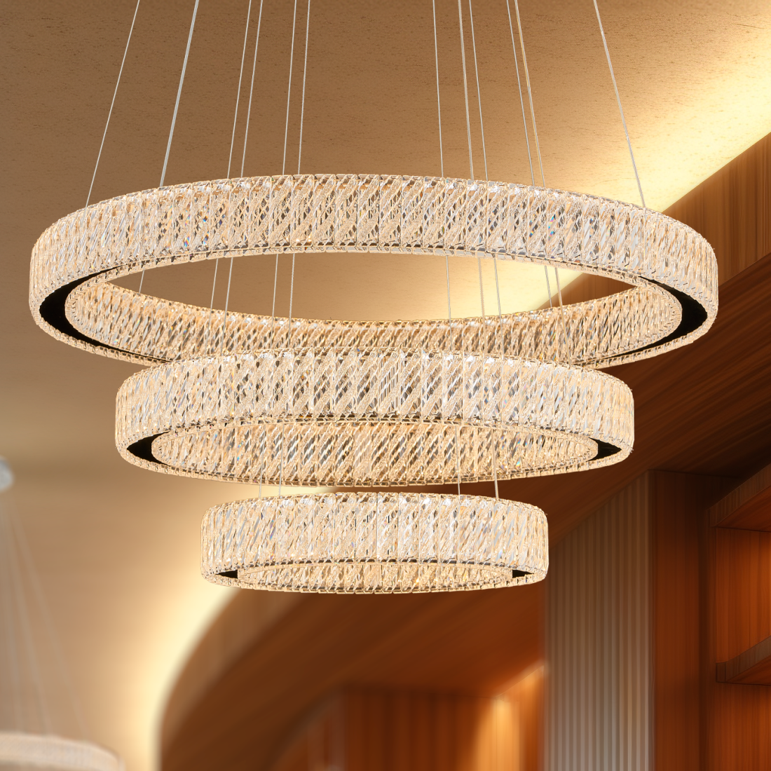 Pendente +Luz Allianz Cristal e Metal Cromado 110 watts 3000K Ø400/600/800mm PE-201/80.80CR