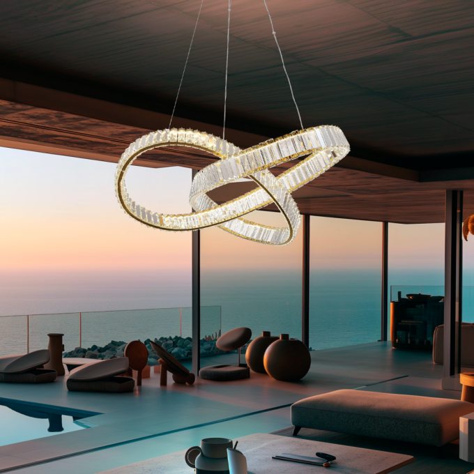 Pendente +Luz Node Cristal e Metal Dourado 40 watts 3000K 800x320mm PE-199/40.80DO
