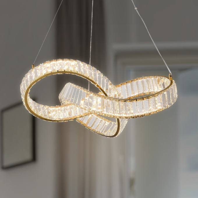 Pendente +Luz Node Cristal e Metal Dourado 30 watts 3000K 600x290mm PE-199/30.60DO