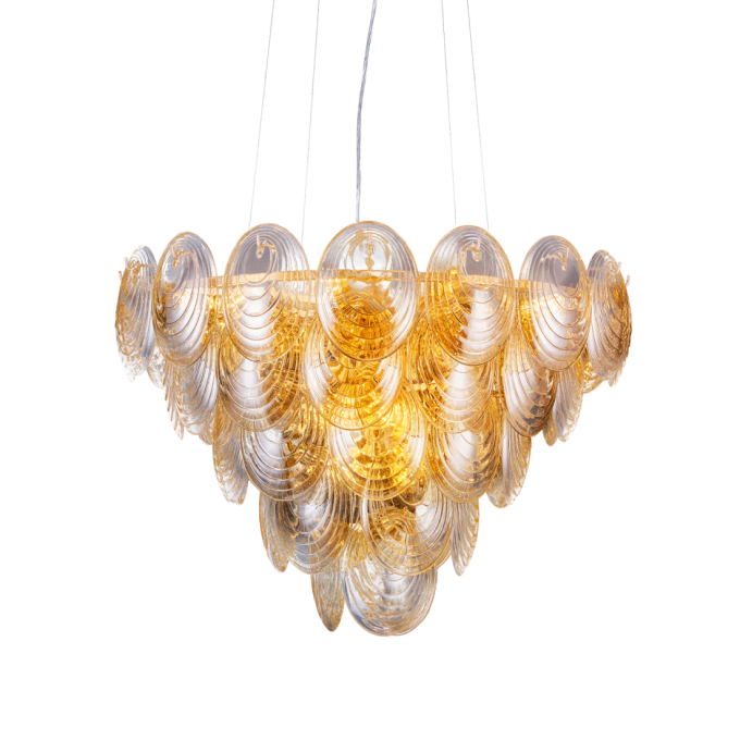 Pendente +Luz Shell Vidro e Metal Conhaque e Dourado 15L E14 Ø800x600mm PE-205/15.80CQDO