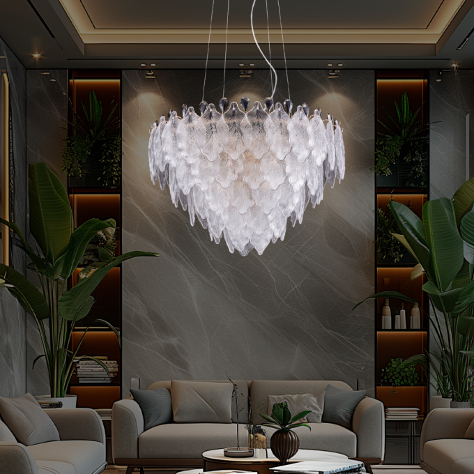 Pendente +Luz Foglia Metal Cristal e Vidro 15L E14 Dourado Ø800x550mm PE-207/15.80DO