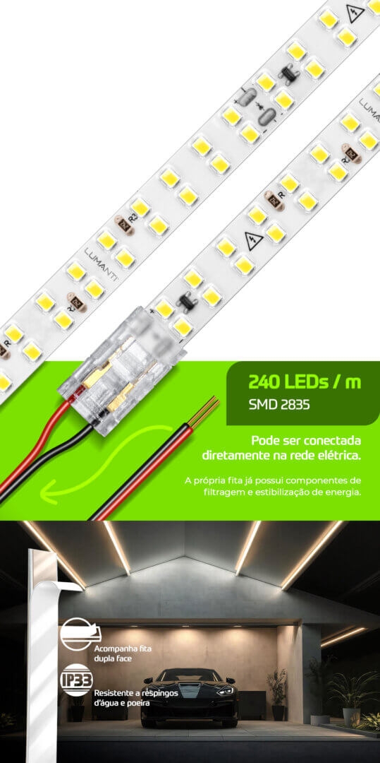Fita LED Lumanti 24w/mt 240 leds IP33 10mm IRC80 Tensão de Rede 2400 lumens (Rolo 50 metros) FD33324R