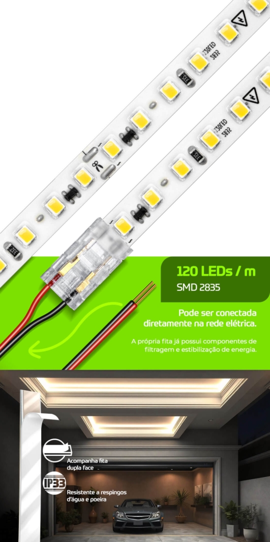 Fita LED Lumanti 12w/mt 120 leds IP33 8mm IRC80 Tensão de Rede 1200 lumens (Rolo 50 metros) FD33312R