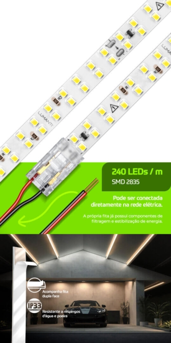Fita LED Lumanti 24w/mt 240 leds IP33 10mm IRC80 Tensão de Rede 2400 lumens (Rolo 50 metros) FD33324R