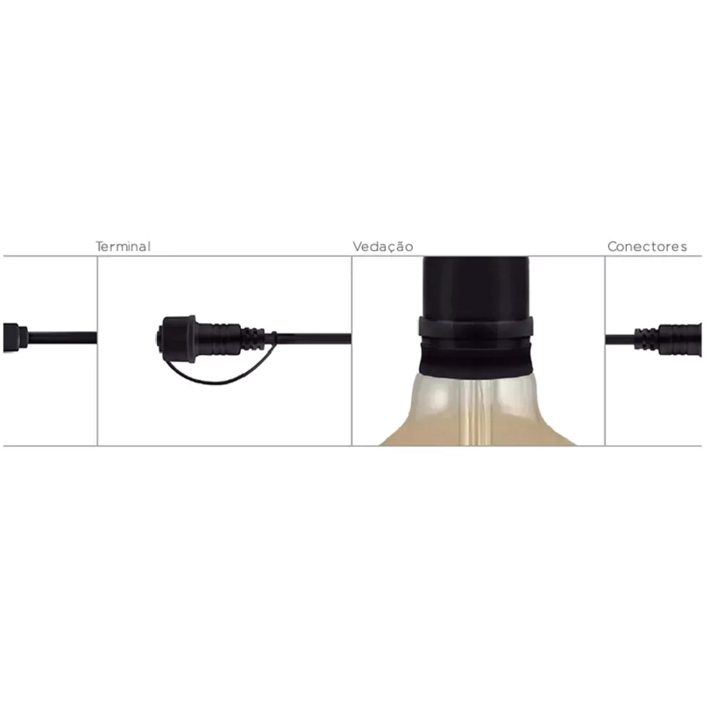 Cabo Porta Lâmpadas Stella Hang Varal IP65 Preto 5 metros e 8 Soquetes STH7099