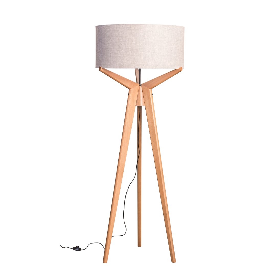 Luminária de Piso Madelustre Navi Trippé Madeira e Cúpula de Tecido 1L E27 Ø650x1740mm 3148