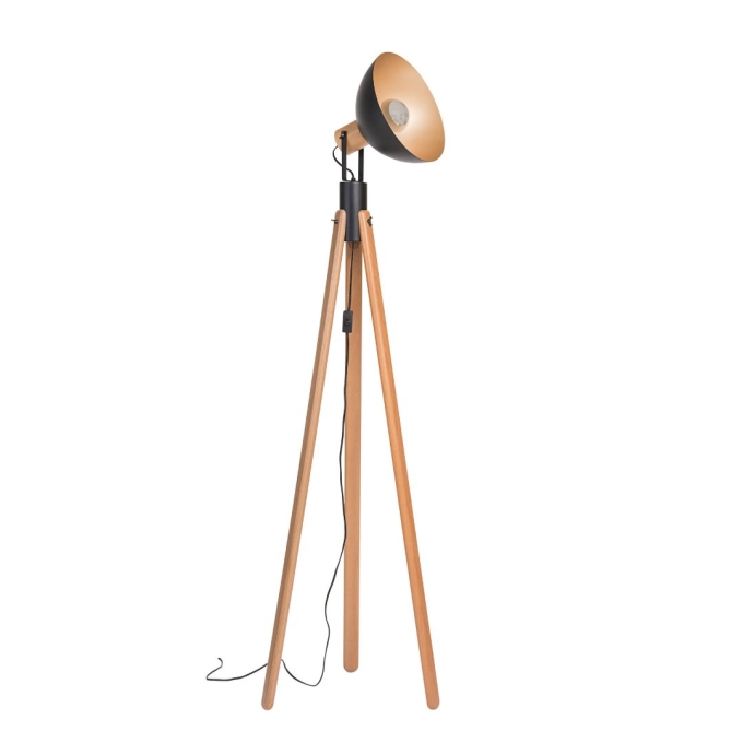 Luminária de Piso Madelustre Trippé Viena Madeira e Cúpula Metal Preto e Dourado 1L E27 1650mm 3203