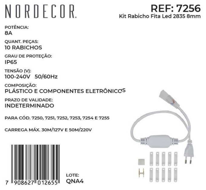 Conector para Fita de LED 120 leds Siliconada Nordecor 8A (7250/7251/7252/7253/7254/7255) Kit com 10 Unidades 7256