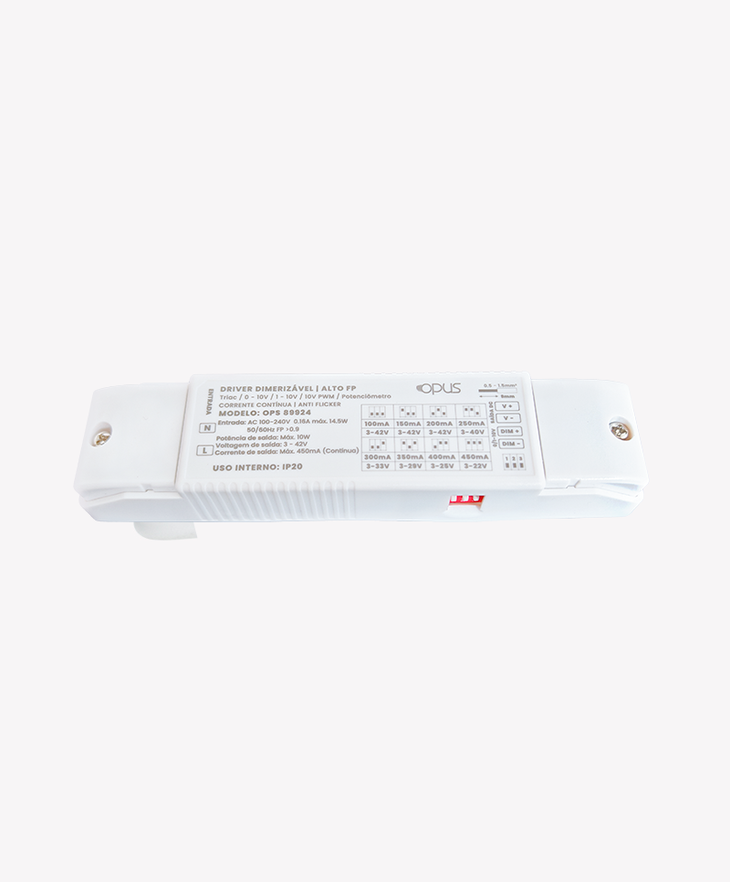 Driver Soul Opus Corrente Contínua Branco Dimerizável até 24 watts Bivolt 131x30x20mm OPS 89931