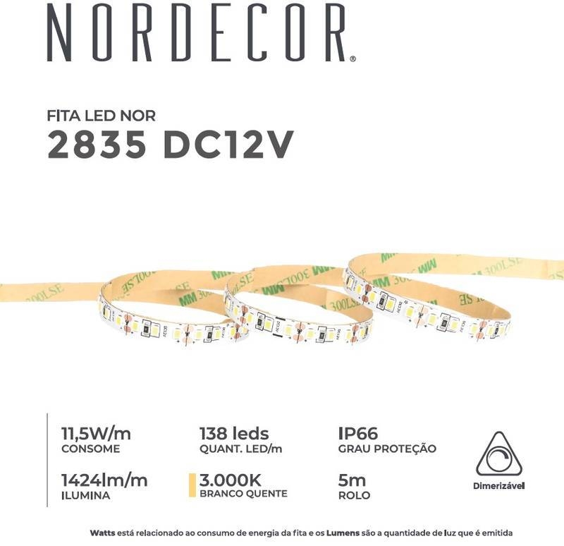 Fita LED Nordecor 11,5w/mt 3000K 138 Leds IP66 8mm 12V (Rolo 5 metros) 7346