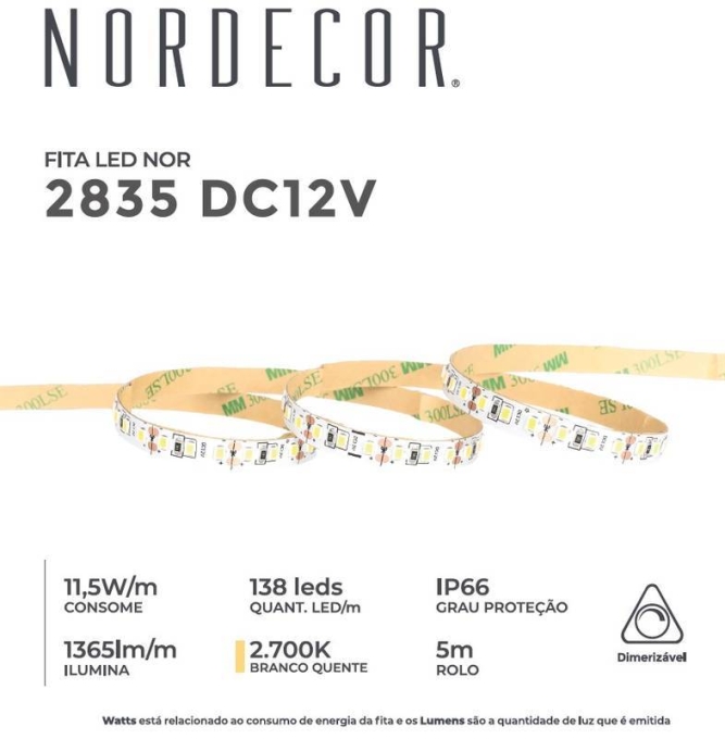 Fita LED Nordecor 11,5w/mt 2700K 138 Leds IP66 8mm 12V (Rolo 5 metros) 7345