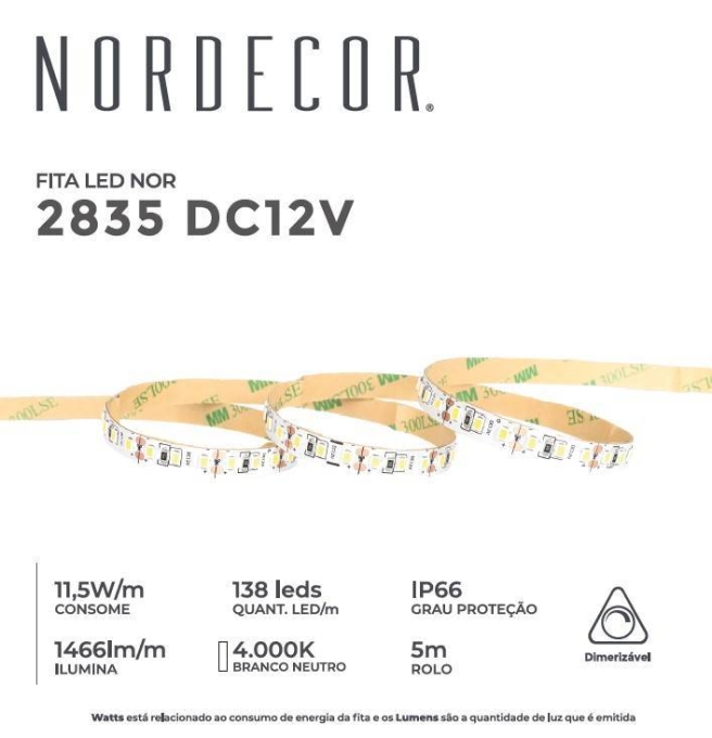 Fita LED Nordecor 11,5w/mt 4000K 138 Leds IP66 8mm 12V (Rolo 5 metros) 7347