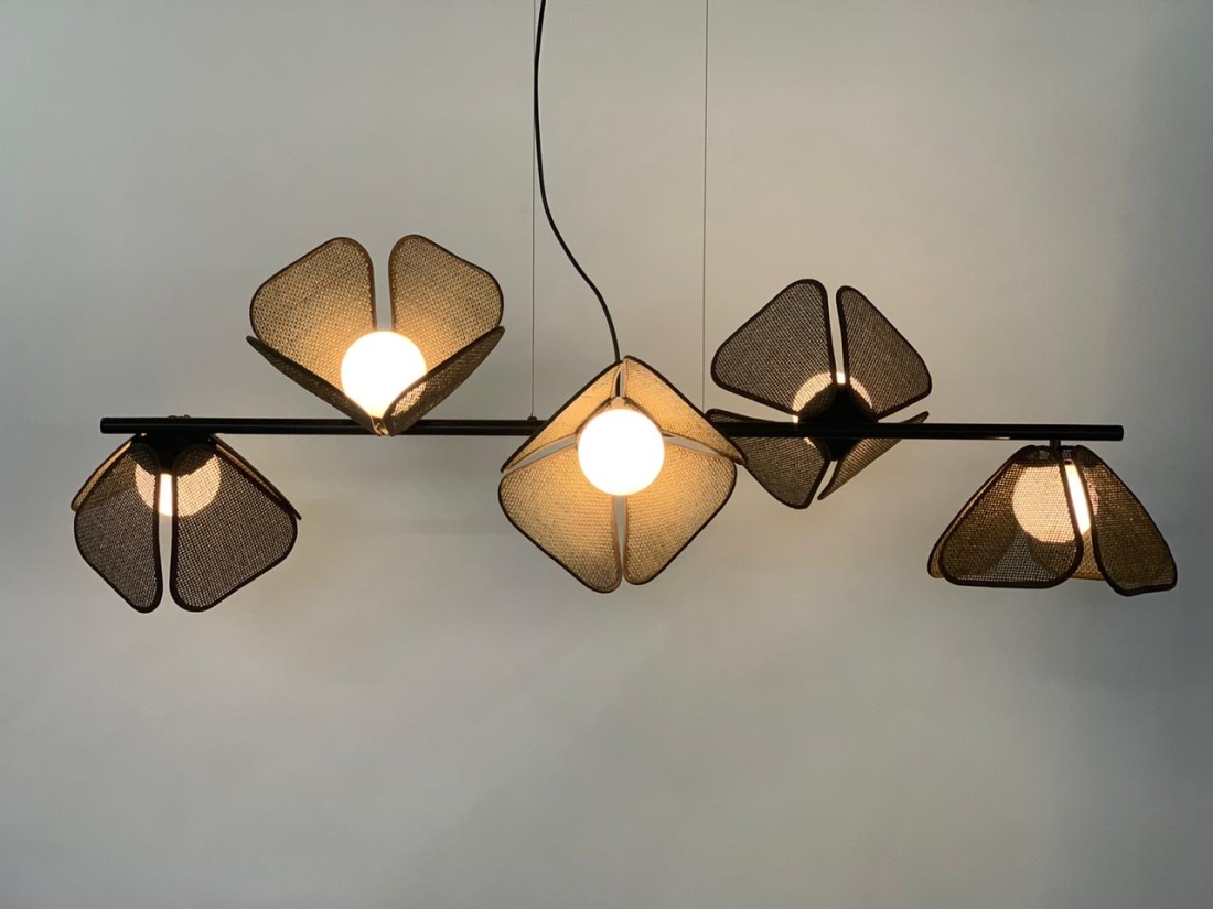Pendente Quarto Crescente Ibira Metal e Cúpulas em Palha Globos Ø100mm 5L G9  1400x400x400mm PN-1195