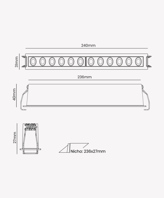 Spot Embutir Opus LED Soul 22 watts 2700K IRC90 80° IP20 240x31x40mm Preto OPS 89481