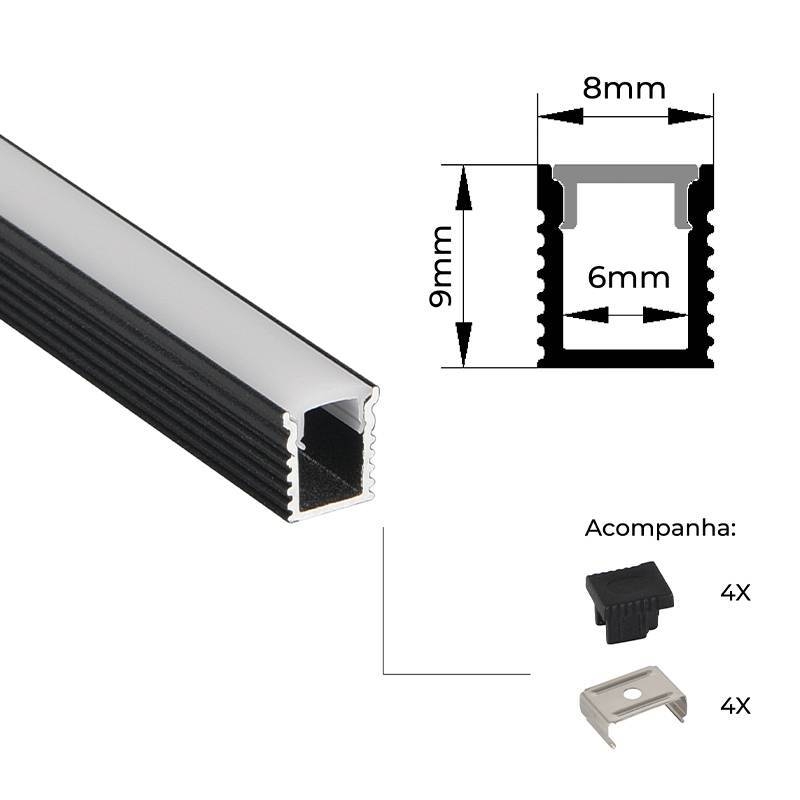 Perfil Sobrepor Nordecor Lite Preto 8x9mm Barra 2 metros 4314