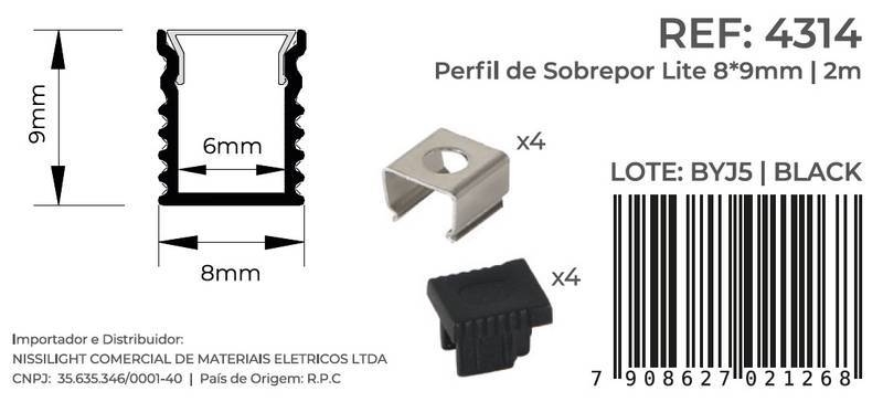 Perfil Sobrepor Nordecor Lite Preto 8x9mm Barra 2 metros 4314